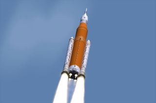 Artist’s concept of NASA’s Space Launch System (SLS) heavy-lift rocket lifting off on Exploration Mission-1 (EM-1).