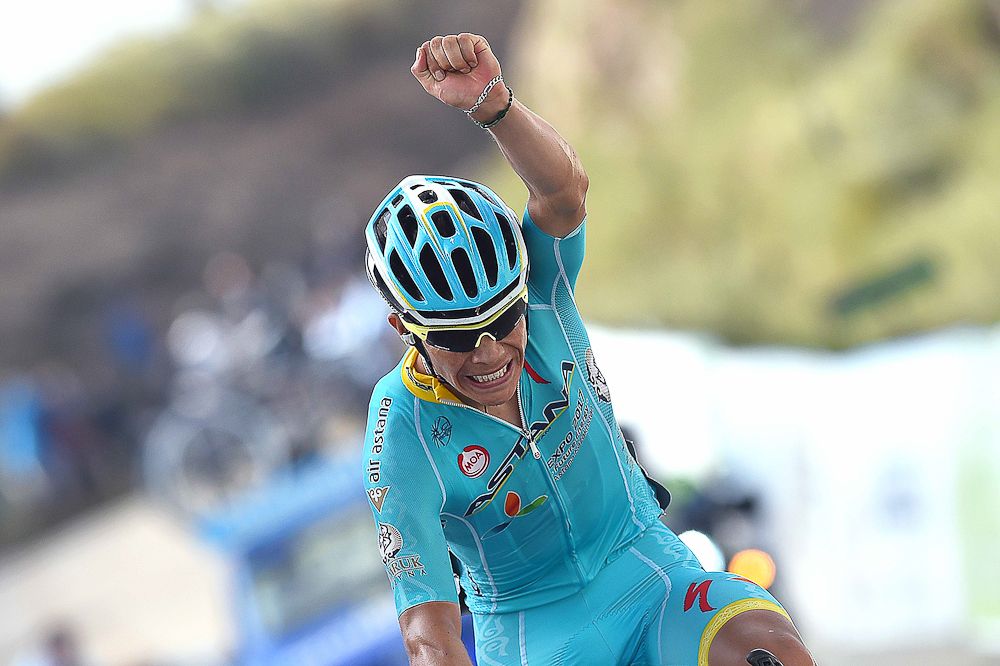 Miguel Angel Lopez celebrates his win during stage 6 at the Tour de San Luis.