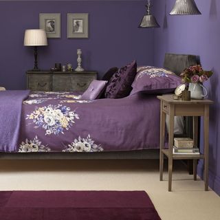 bedroom with purple berry colour wall and purple colour bed