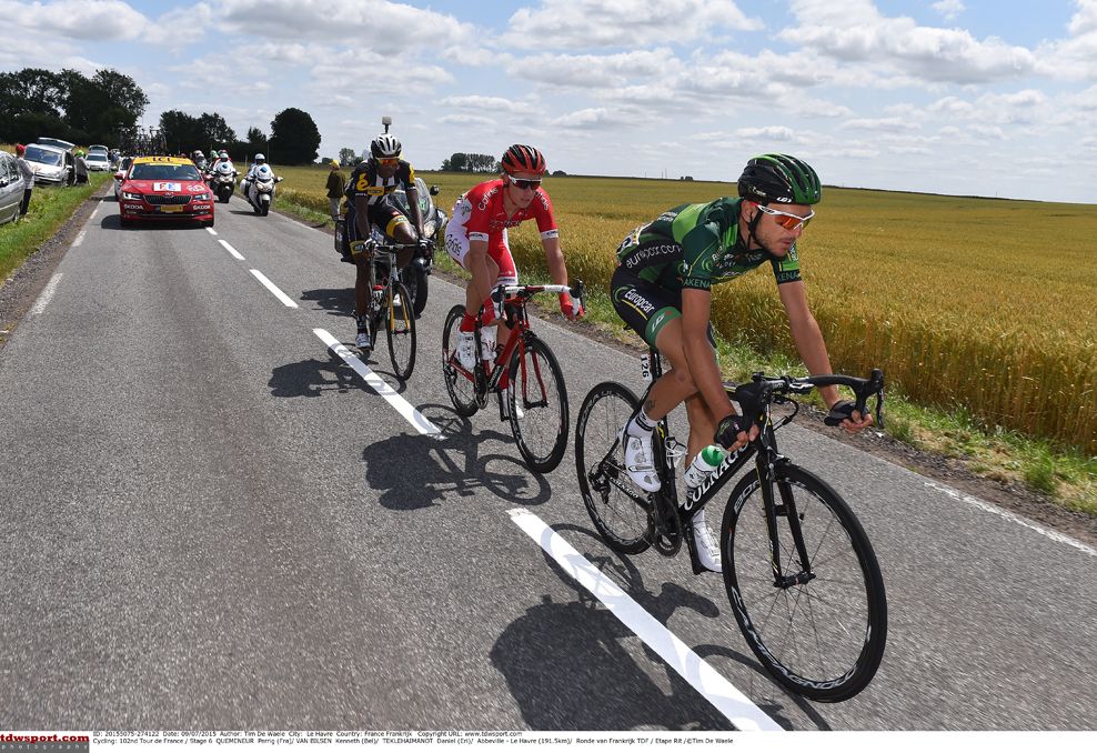 Perrig Qu&eacute;m&eacute;neur (Europcar) leads the break on stage 6 of the Tour de France