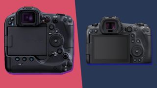 The Canon EOS R3 mirrorless camera next to the Canon EOS R5