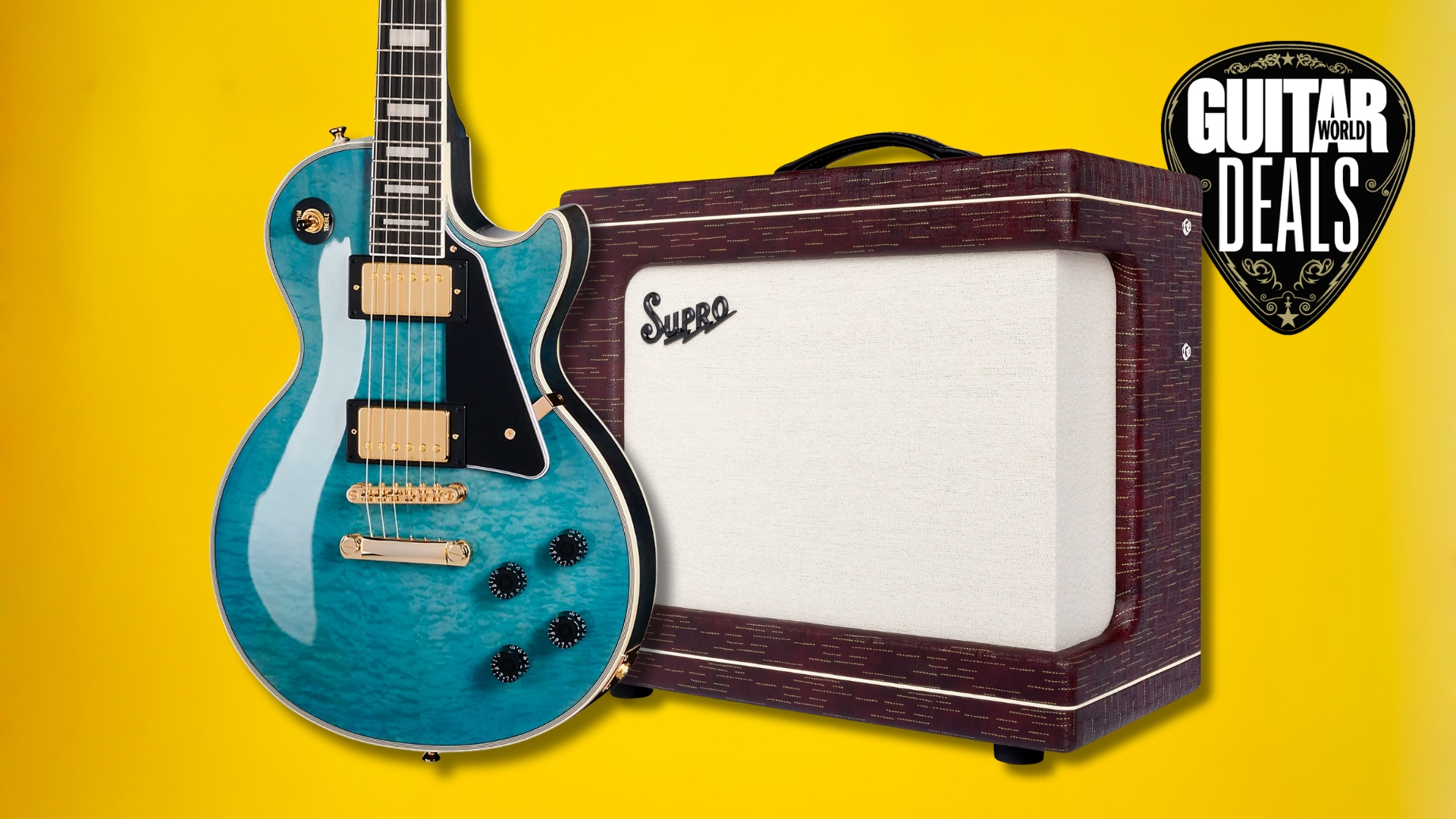 A Gibson electric guitar and Supro tube amp on a yellow background