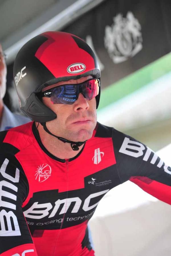A determined Cadel Evans (BMC) kicks off his Dauphine.