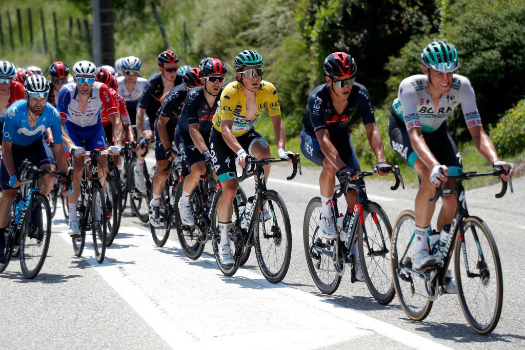 LE SAPPEYENCHARTREUSE FRANCE JUNE 04 Lukas Pstlberger of Austria and Team Bora Hansgrohe yellow leader jersey during the 73rd Critrium du Dauphin 2021 Stage 6 a 1672km stage from LoriolsurDrome to Le SappeyenChartreuse 1003m UCIworldtour Dauphin dauphine on June 04 2021 in Le SappeyenChartreuse France Photo by Bas CzerwinskiGetty Images