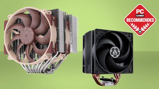 Arctic and Noctua CPU air coolers on an orange background with the PC Gamer Recommends badge in the upper right hand side.
