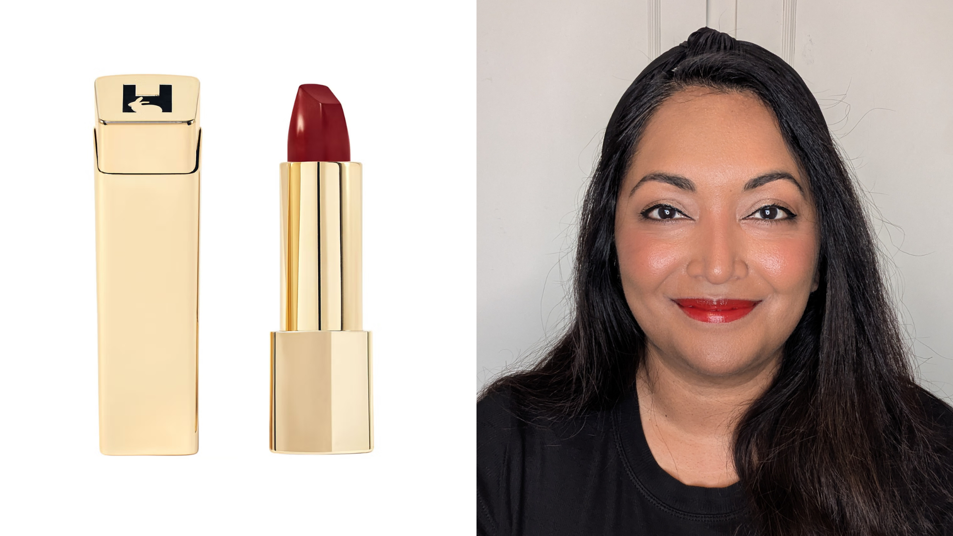 Beauty editor Ayesha wearing Hourglass Unlocked Satin Cr&amp;egrave;me Lipstick in Lava