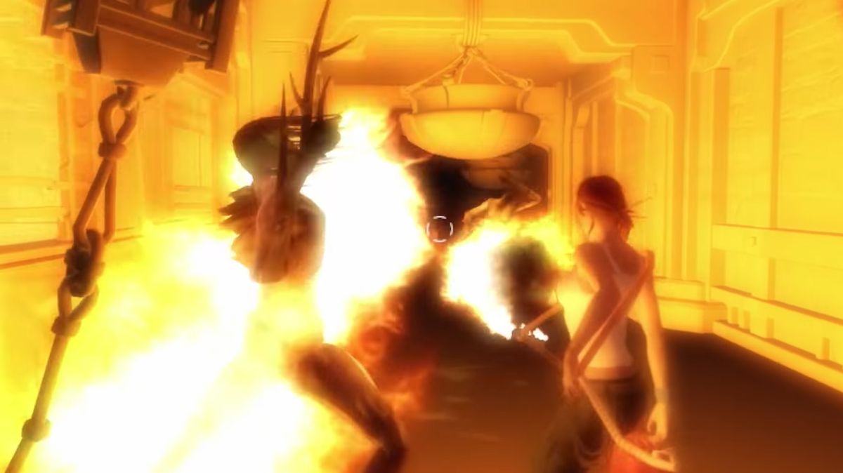 Tomb Raider: Ascension prototype footage showing Lara Croft holding a gas canister flamethrower and setting supernatural wraithlike enemies on fire.