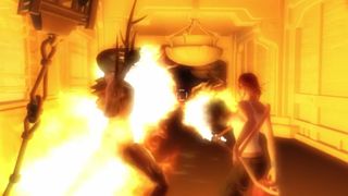 Tomb Raider: Ascension prototype footage showing Lara Croft holding a gas canister flamethrower and setting supernatural wraithlike enemies on fire.