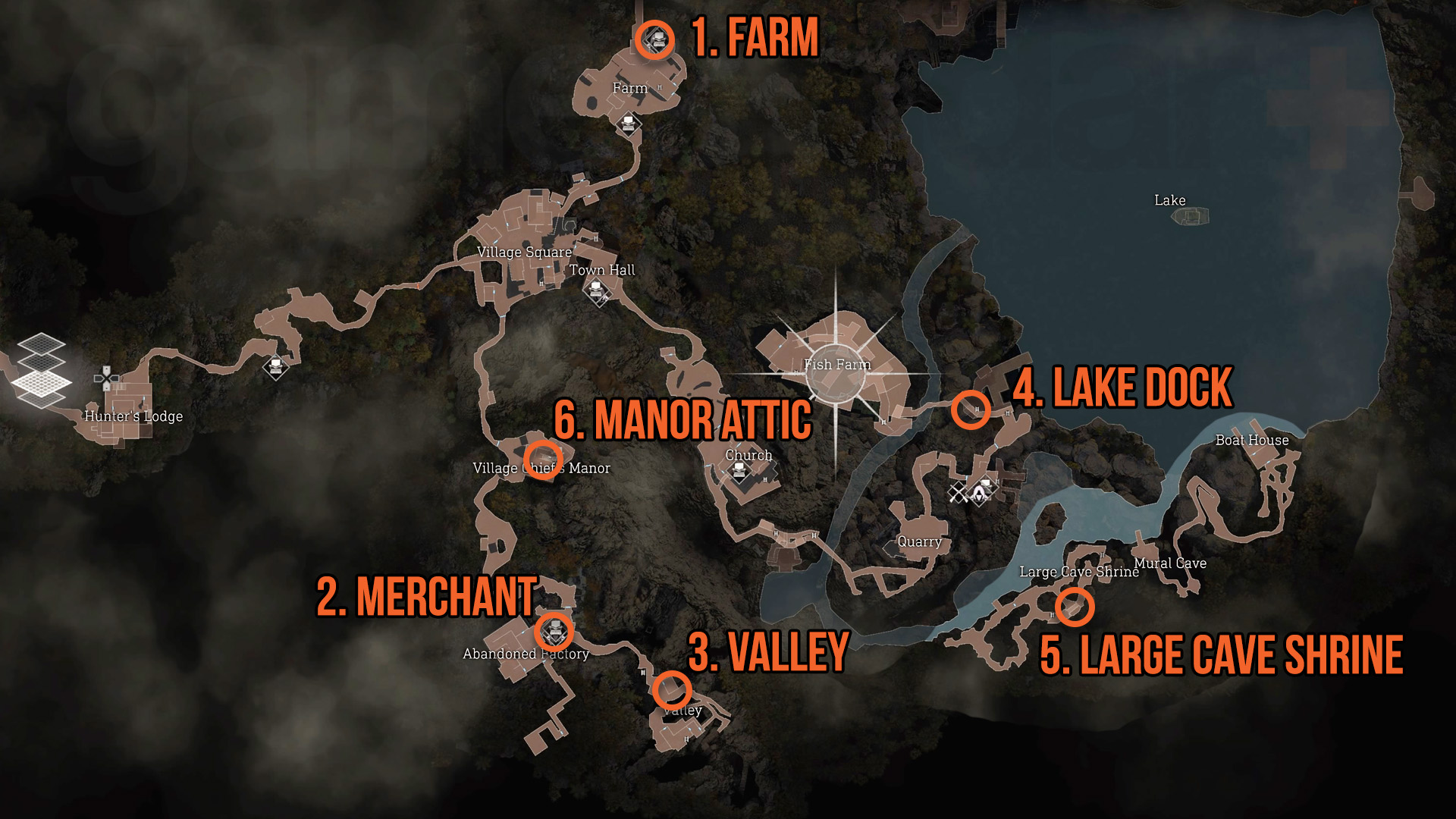 Resident Evil 4 Remake Yellow Herb map locations Farm, Valley, Merchant, Manor Attic, Dock and Large Cave Shrine