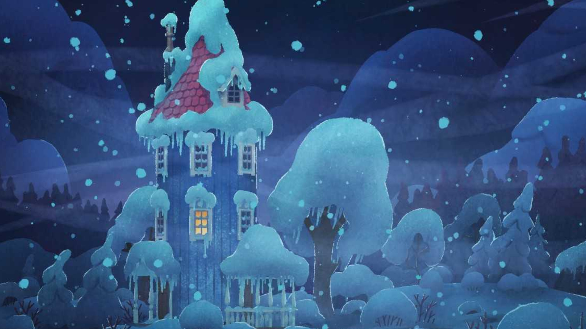 A shot of the Moomin House covered in snow during a loading screen in the game, Moomintroll: Winter's Warmth