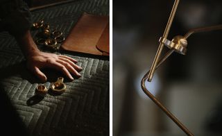 Left: ball and socket fixture beside a hand, on a textured surface. Right: ball and socket fixture in use