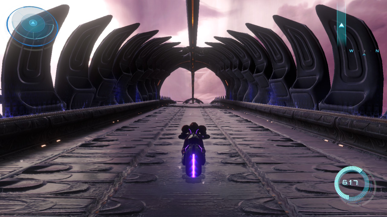 A screenshot showing Samsus riding Voi-O-La in Metroid Prime 4: Beyond&#039;s Volt Forge factory
