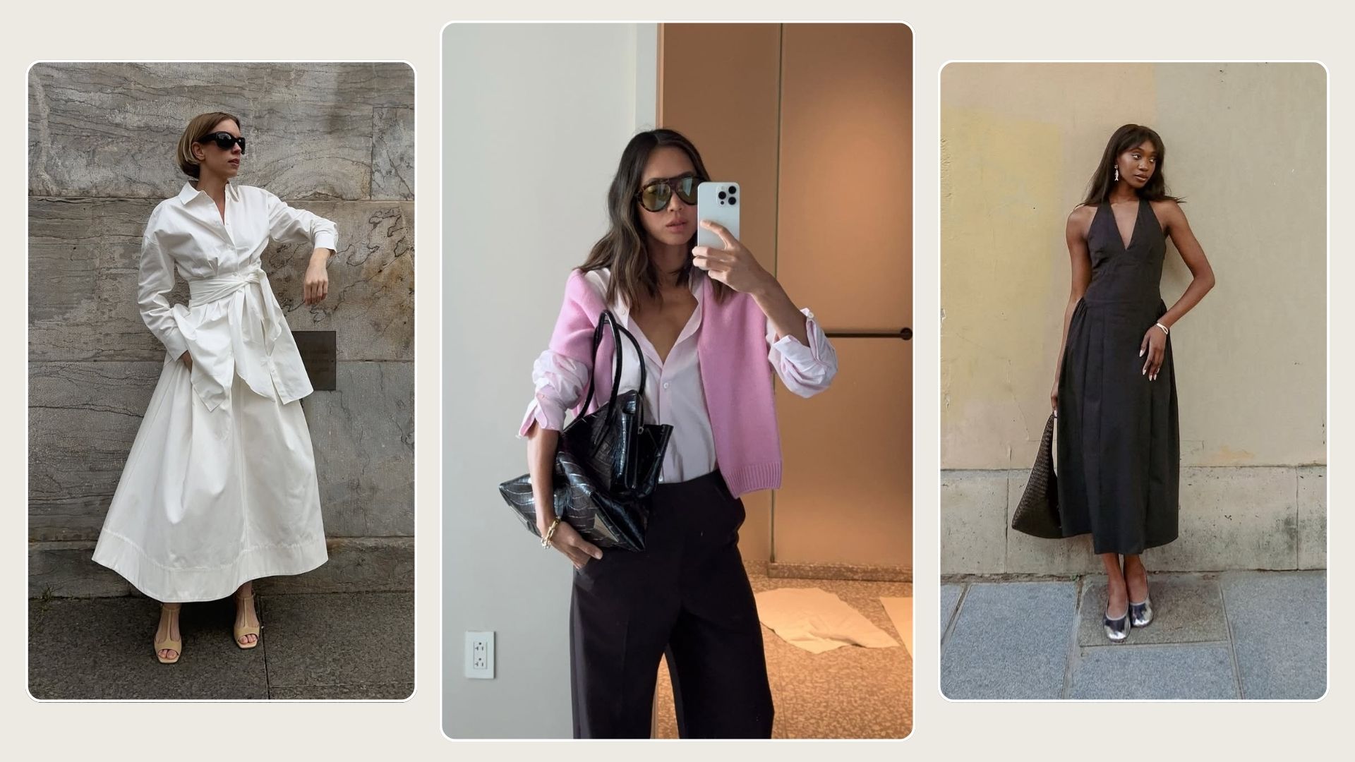 Woman wears white dress; woman wears pink shirt, pink jumper and black trousers; woman wears black dress