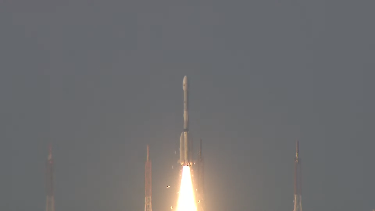 An Indian Space Research Organisation GLSV-F14 rocket launches the powerful INSAT-3DS weather satellite to orbit from Satish Dhawan Space Centre on Sriharikota, India on Feb. 17, 2024 local time.