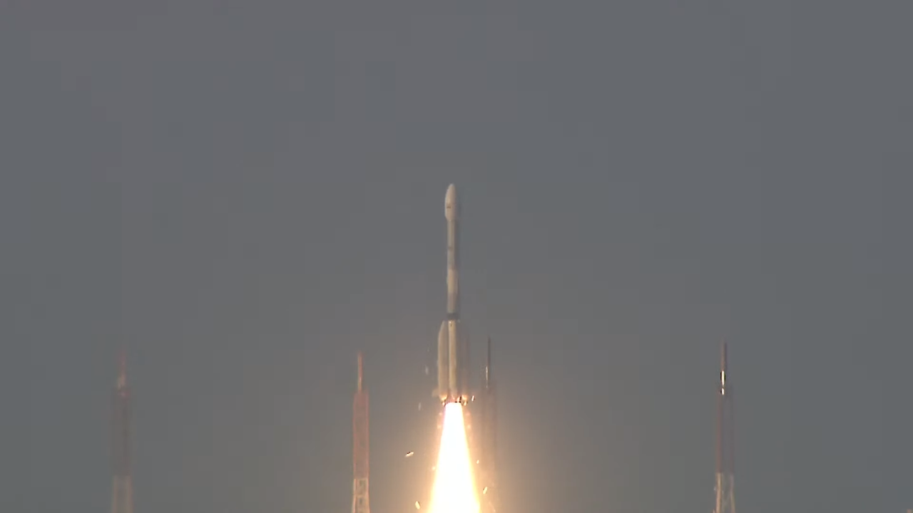 An Indian Space Research Organisation GLSV-F14 rocket launches the powerful INSAT-3DS weather satellite to orbit from Satish Dhawan Space Centre on Sriharikota, India on Feb. 17, 2024 local time.