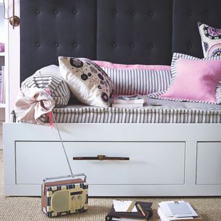 guest room daybed ideas, daybed in kids room with stripe mattress and bolster cushions, storage underneath, cushions
