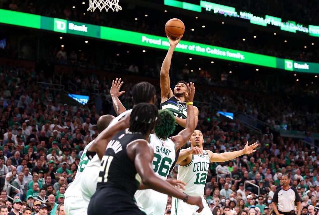  Giannis Antetokounmpo #34 of the Milwaukee Bucks shoots the ball against the Boston Celtics during the third quarter in Game Seven of the 2022 NBA Playoffs Eastern Conference Semifinals at TD Garden on May 15, 2022 in Boston, Massachusetts.