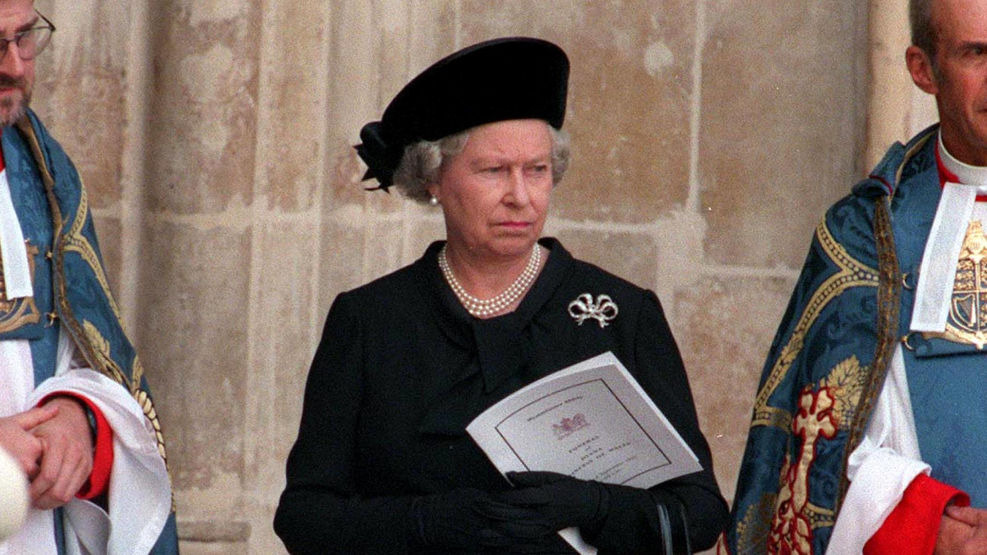 The Queen wearing all black leaving Westminster Abbey after Princess Diana's funeral service, September 6, 1997