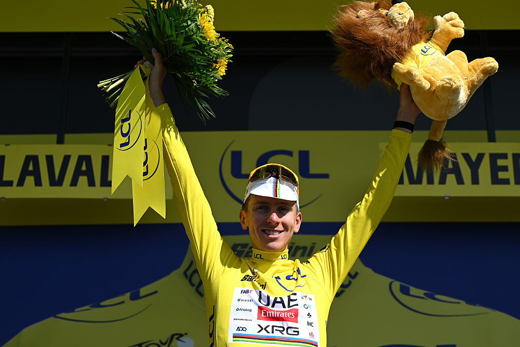 LAVAL, FRANCE - JULY 12: Tadej Pogacar of Slovenia and UAE Team Emirates - XRG celebrates at podium as Yellow Leader Jersey winner during the 112th Tour de France, Stage 8 a 197km stage from Saint-Meen-le-Grand to Laval (Espace Mayenne) / #UCIWT / on July 12, 2025 in Laval, France.