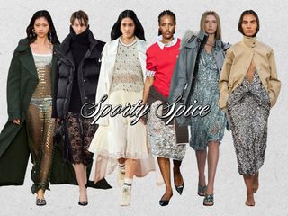 A collage showing the long haul fashion trend: sportswear styled with eveningwear is shown on models in the fall 2024 and spring 2025 collections of The Attico, Michael Kors, Lacoste, Baum und Pferdgarten, Burberry, and Brandon Maxwell