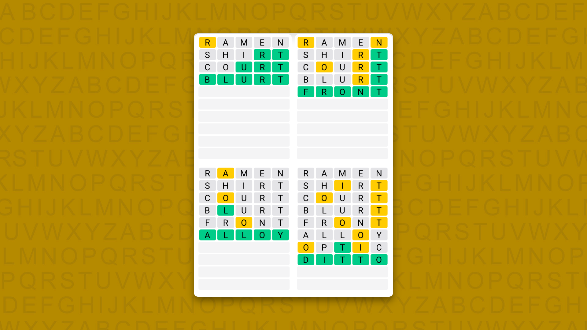 Quordle Daily Sequence answers for game 1662 on a yellow background