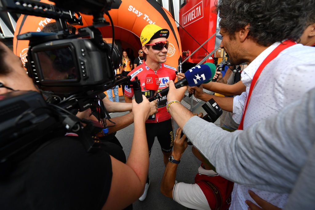 Primoz Roglic (Jumbo-Visma) gives an interview before the start of stage 13