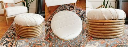 Three shots of cream upholstered footstool styled in living room with Persian rug