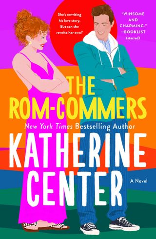 the rom-commers by katherine center book cover featuring a woman in a long dress and a man in a sweatshirt smiling at her