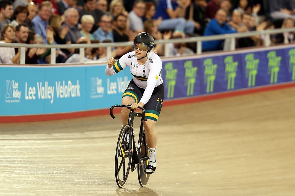 Stephanie Morton of Australia celebrates winning the Women's Sprint