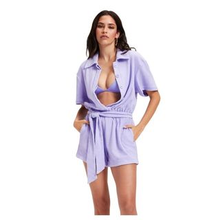 Purple terry romper with buttons and tie around waist