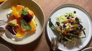 Dorset crab tostada and beetroot served with cumin, yoghurt and orange
