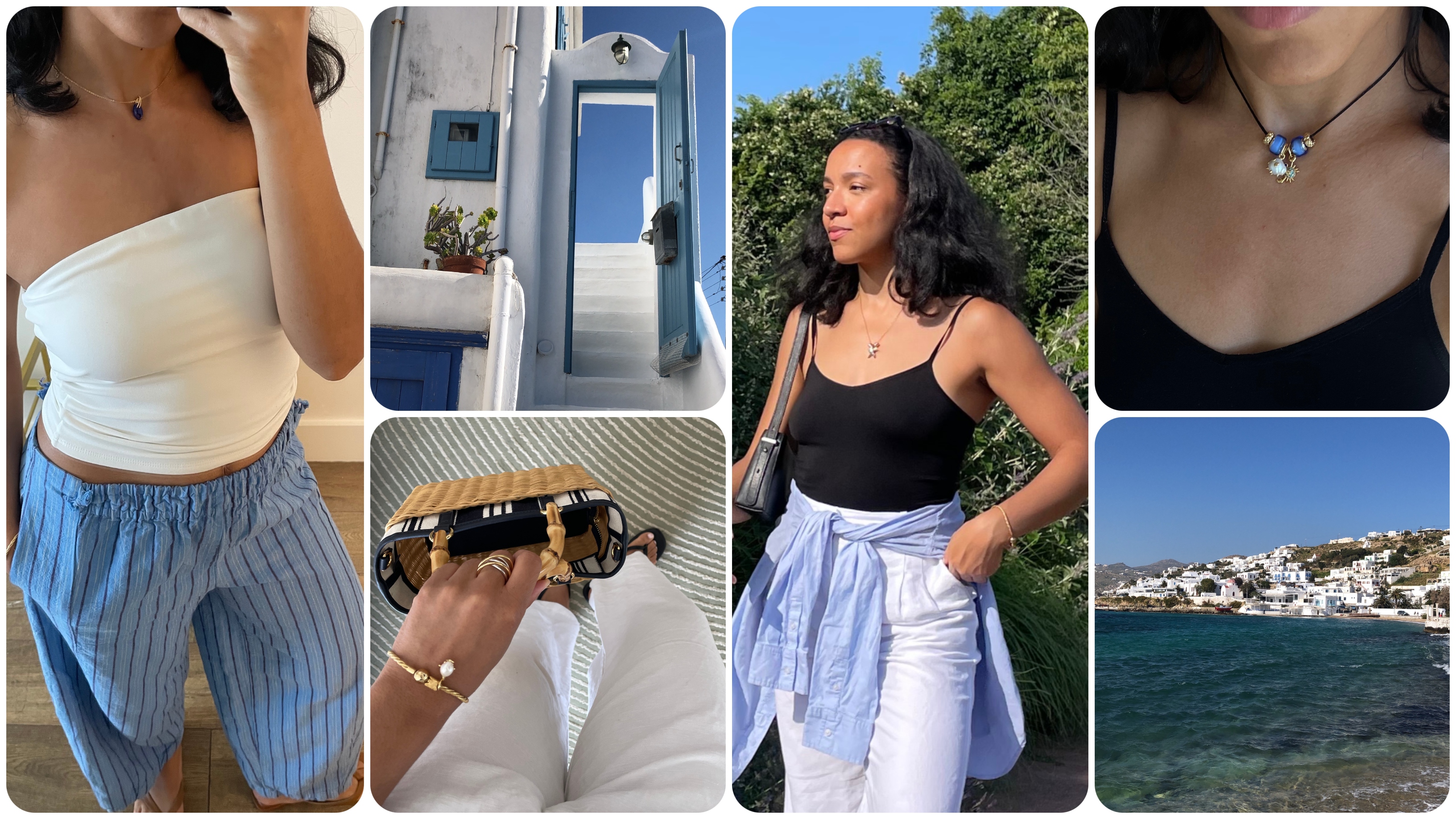 Lauren Tappan wearing a white top and blue pants; photos of Greece; Lauren Tappan wearing a black top, white pants, and a blue button-down