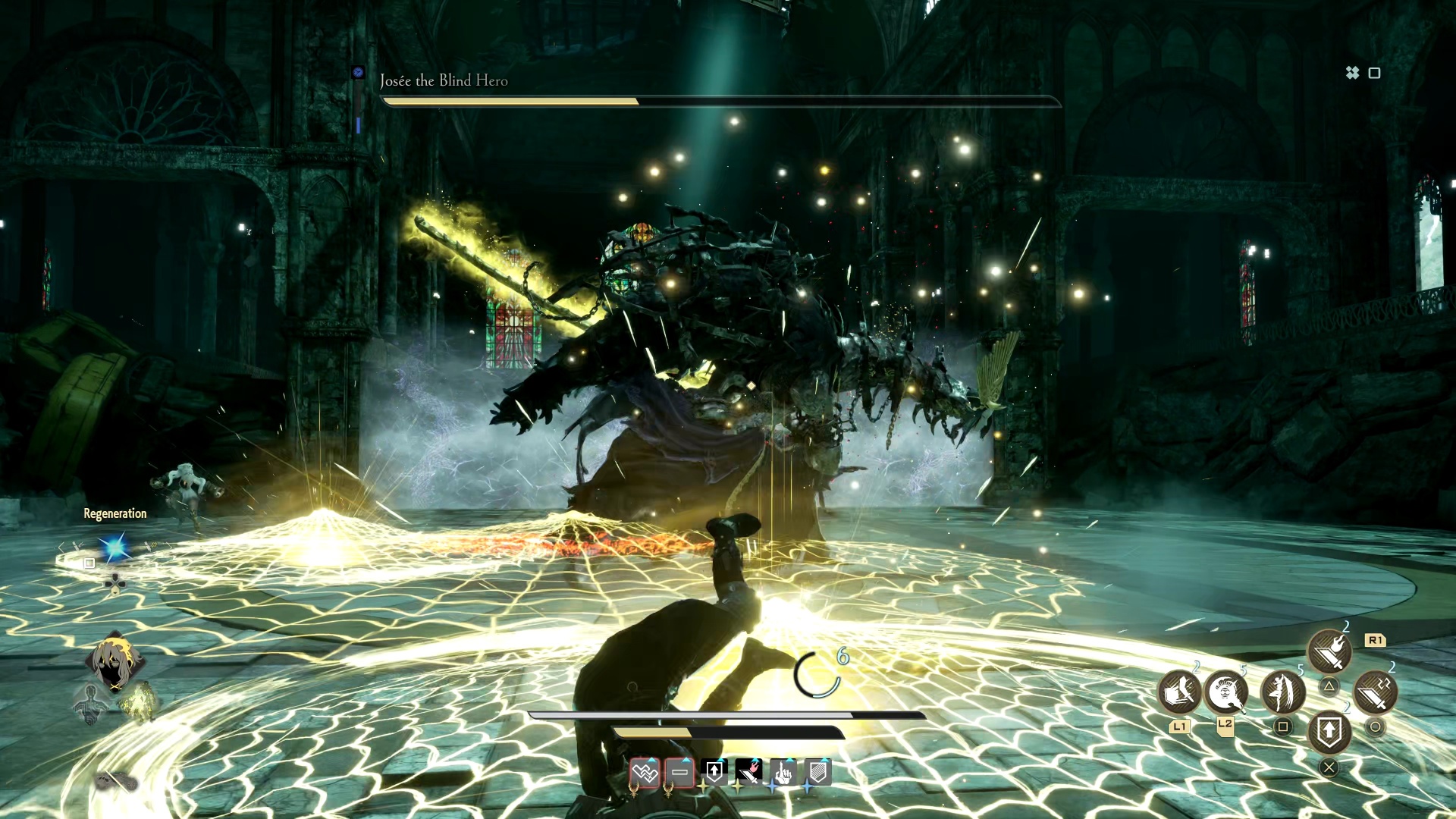 Code Vein 2 Josee: The player avoids as Josee attacks using yellow nets.