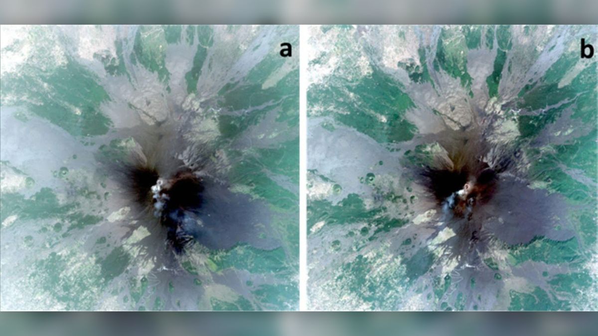 The Pl&eacute;iades satellites took these images of Mount Etna on July 13 (A) and July 25 (B).