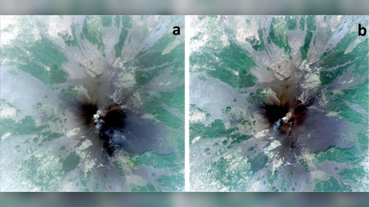 The Pl&eacute;iades satellites took these images of Mount Etna on July 13 (A) and July 25 (B).
