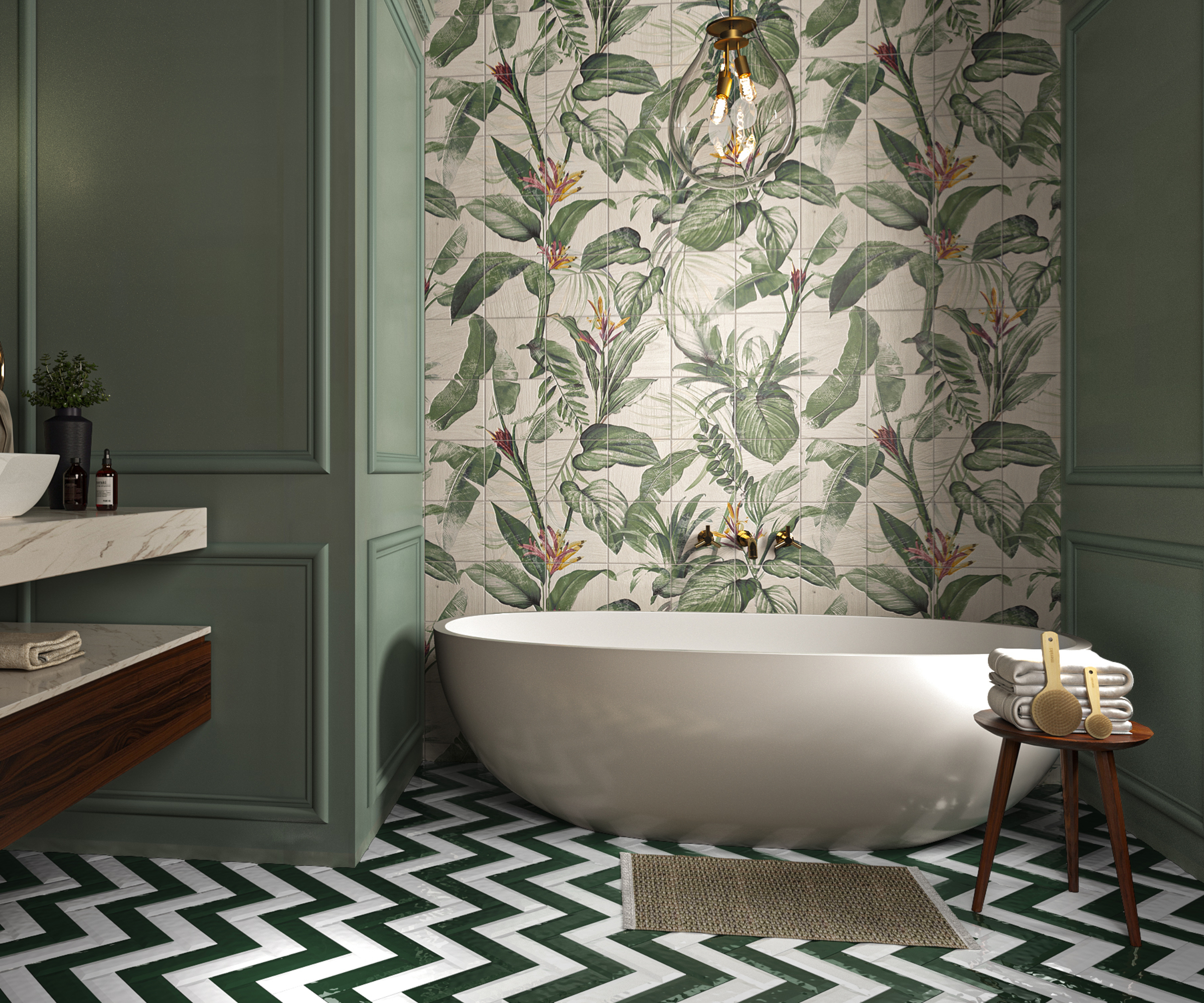 floral patterned tile mural behind freestanding bath