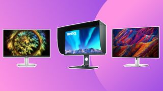 Three of the best monitors for photo editing on a purple background