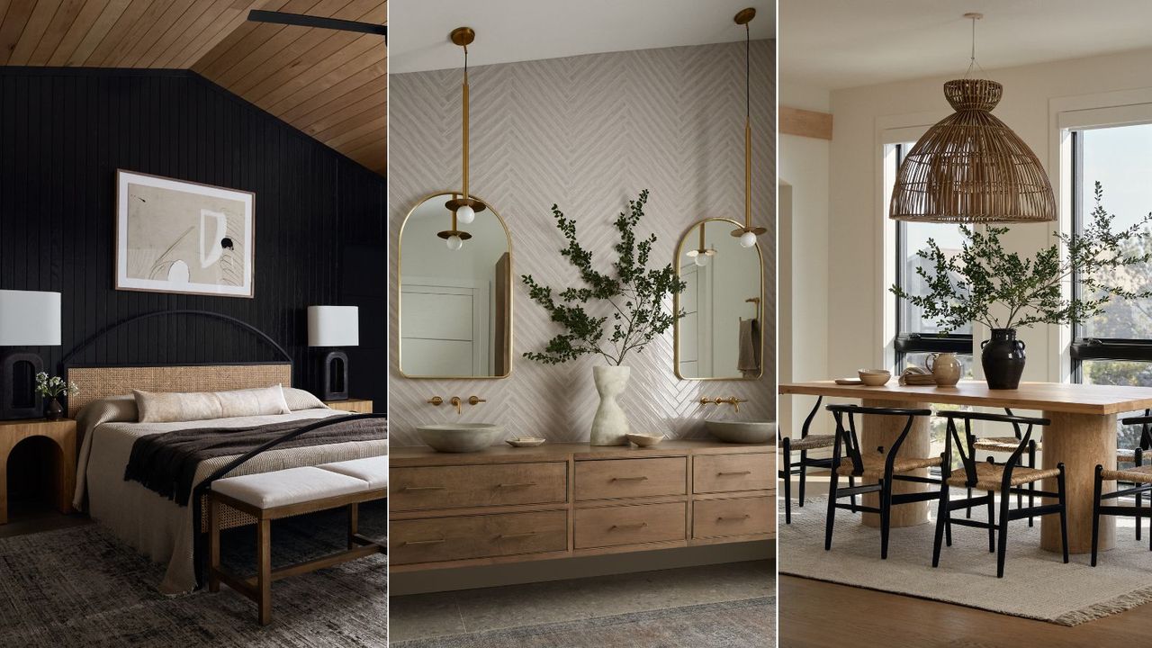 Three images of a coastal modern home: a black bedroom, a tiled bathroom, and a neutral dining room