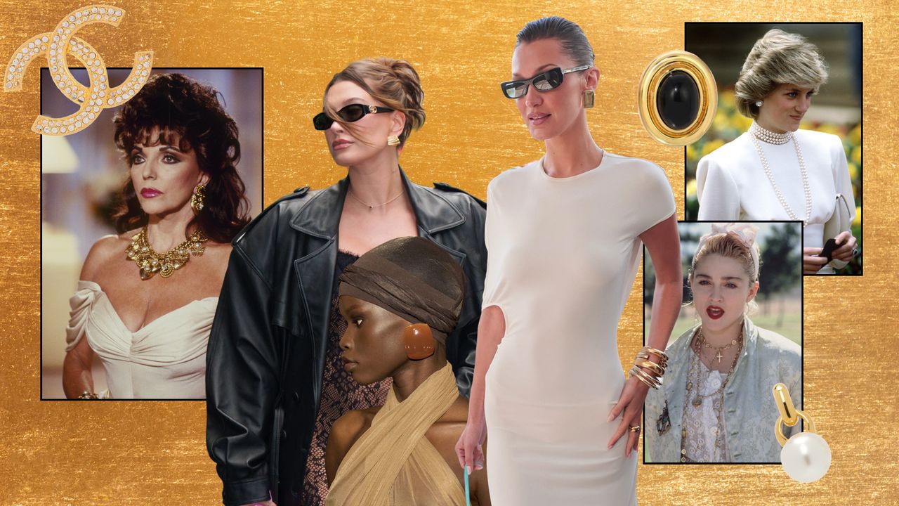 A collage on a gold background of Joan Collins, Hailey Bieber, Bella Hadid, a model from Saint Laurent Fall 2024, Princess Diana, Madonna, with 80s jewelry trends