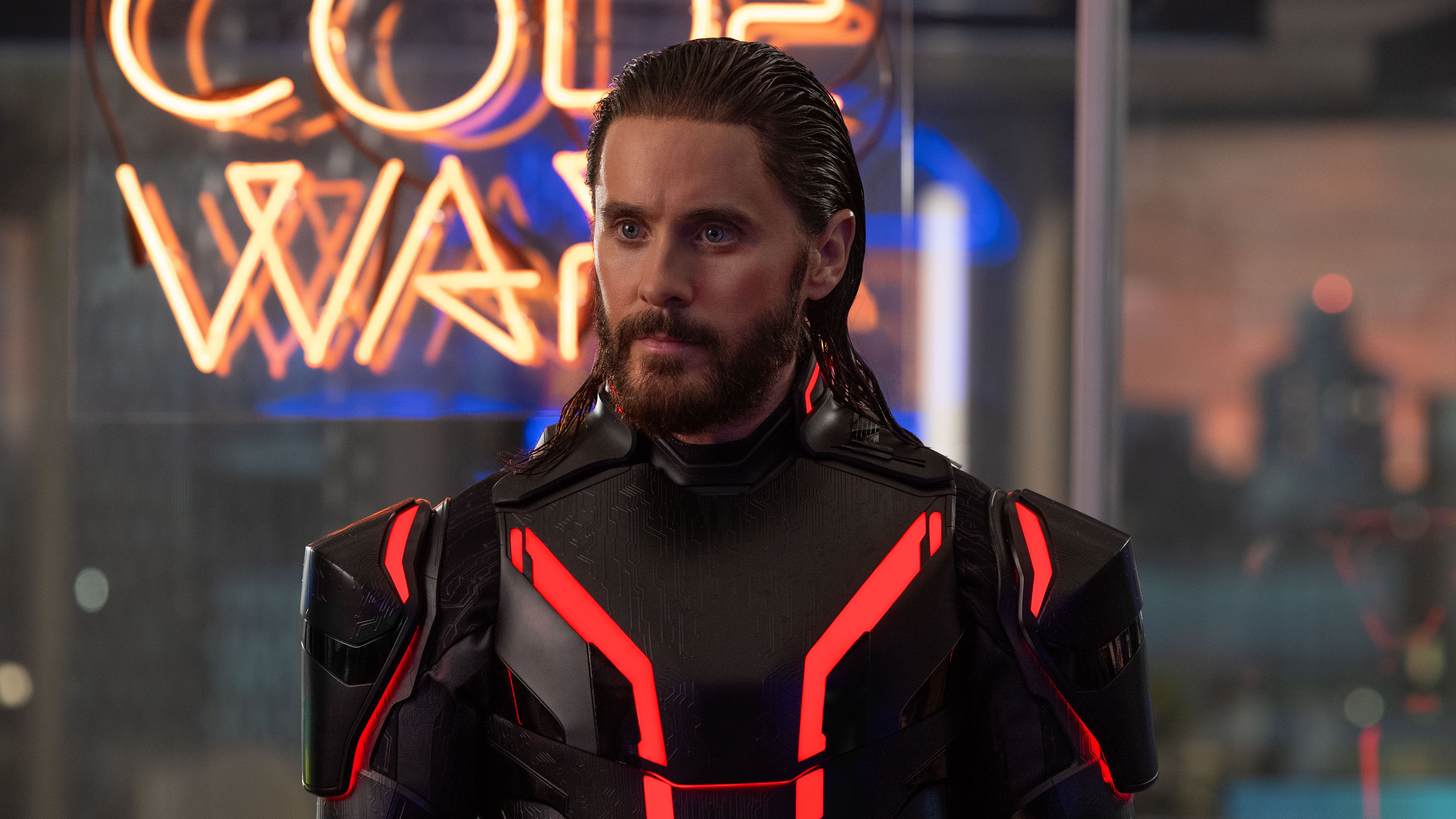 Ares (Jared Leto) without his mask on in a scene from Disney&#039;s &quot;Tron: Ares&quot;