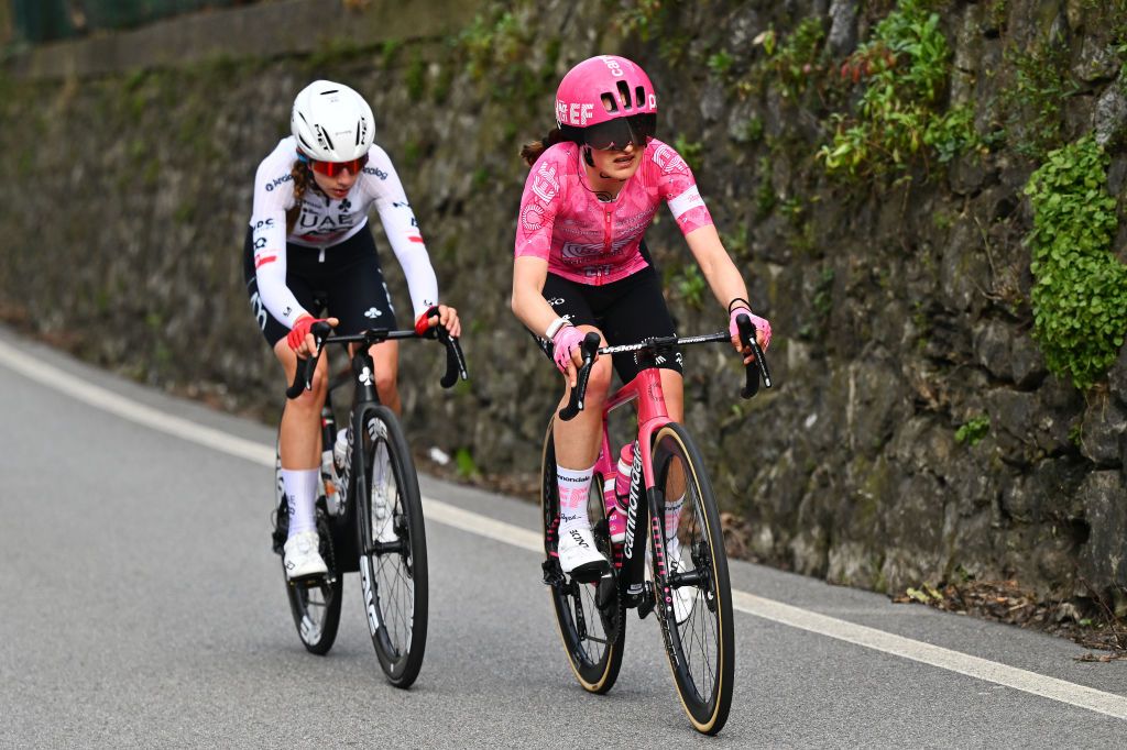 CITTIGLIO ITALY MARCH 16 LR Dominika Wlodarczyk of Poland and UAE Team ADQ and Veronica Ewers of USA and Team EF EducationOatly compete in the breakaway during the 26th Trofeo Alfredo BindaComune di Cittiglio 2025 Womens Elite a 152km one day race from Luino to Cittiglio UCIWWT on March 16 2025 in Cittiglio Italy Photo by Luc ClaessenGetty Images