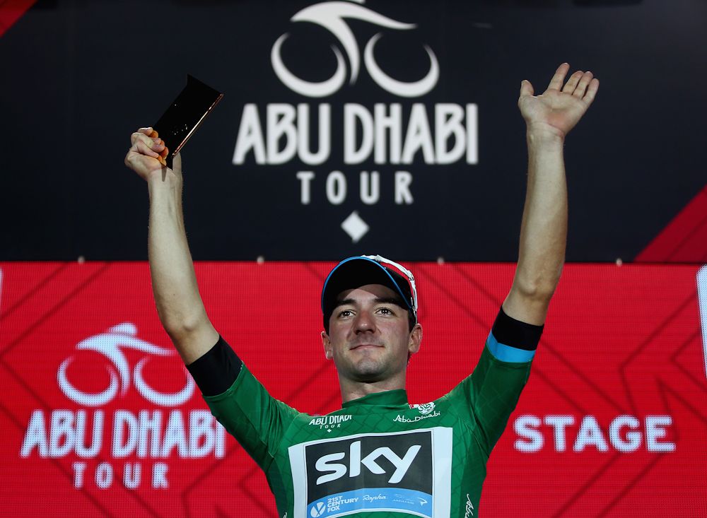 Elia Viviani in the Abu Dhabi points jersey.