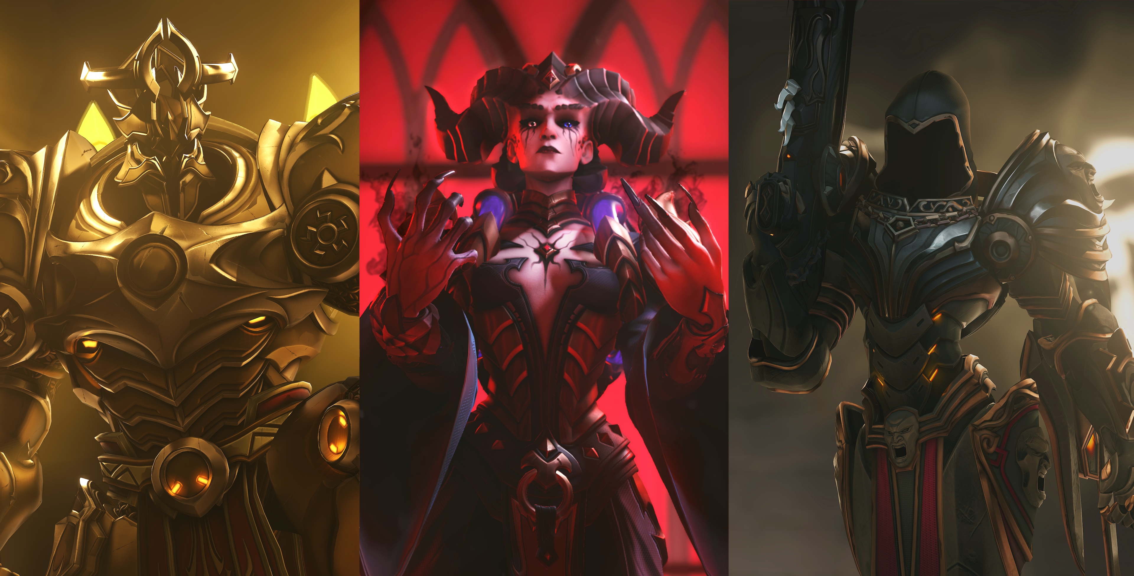 Three fantasy characters in dark, ornate armor are shown in dramatic lighting. The left is golden, the center is crimson with horns, and the right is cloaked in shadows.