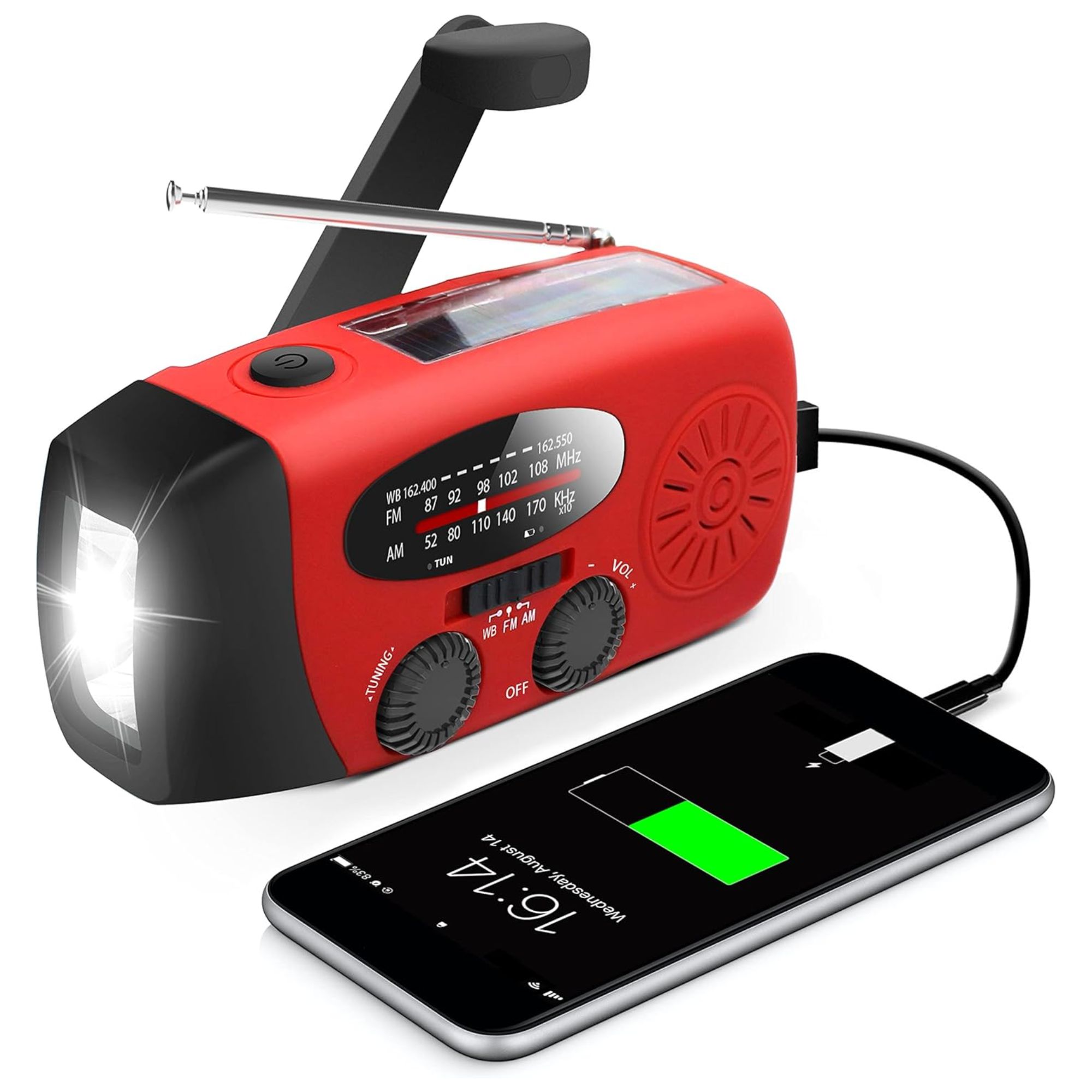 Red runningSnail Emergency Hand Crank Radio plugged into an iPhone