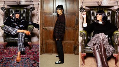 Three images of Claudia Winkleman hosting The Traitors 