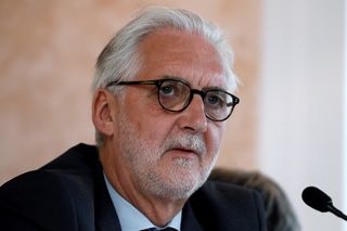 UCI President Brian Cookson looks on during a press conference on mechanical fraud, in Paris, on June 27, 2016.