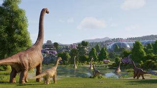 A group of herbivore dinosaurs in Jurassic World Evolution 3.