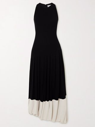 Asymmetric Two-Tone Gathered Stretch-Jersey Midi Dress