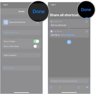 Share links to all shortcuts, showing how to tap Done, then tap Done