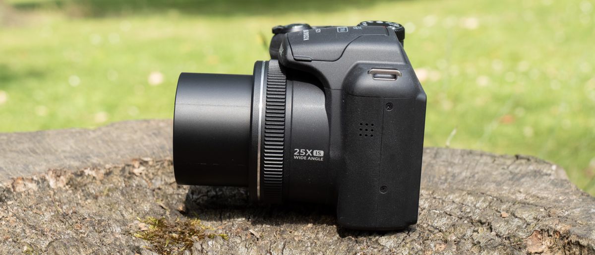 Kodak PixPro AZ255 digital camera in black on a stone surface in front of a green background outside